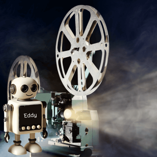 Vintage robot named Eddy in front of a movie projector with film reels.