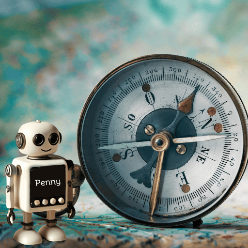 Vintage-style compass and robot toy named 'Penny' on a textured surface with a blurred background