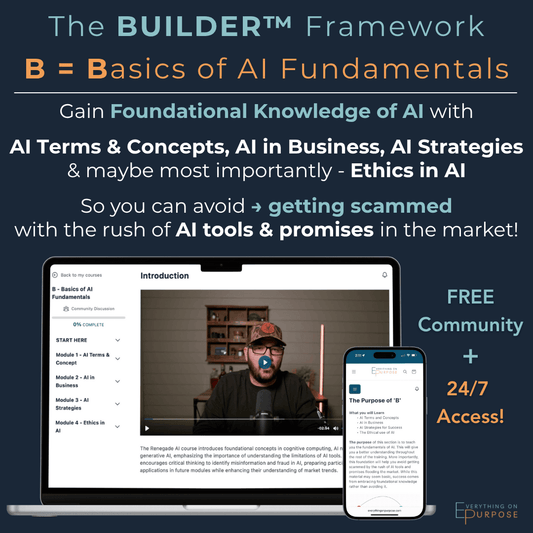 Advertisement for 'The Builder Framework' Renegade AI fundamentals course with a laptop and phone displaying the course interface.