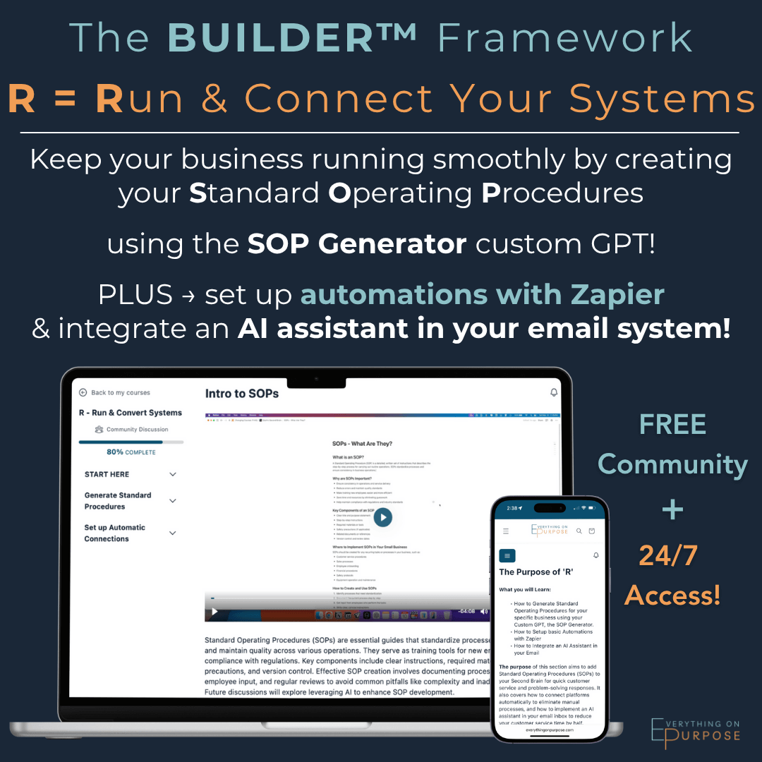Course module description for The Renegade AI Builder Framework with laptop and phone displaying text on a dark blue background