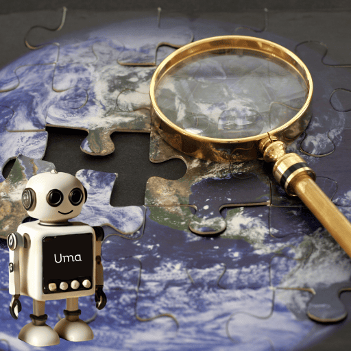 Magnifying glass over a puzzle piece on a world map background
