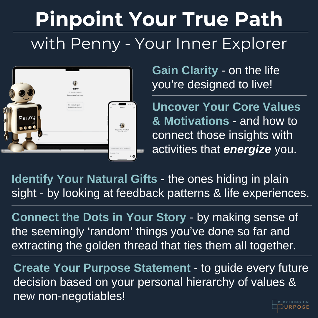 Graphic for 'Penny' with text about gaining clarity, uncovering core values, identifying natural gifts, connecting the dots, and creating a purpose statement.
