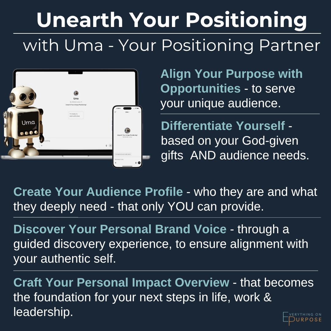 Graphic for 'Unearth Your Positioning with Uma' featuring a custom GPT robot, tablet, and smartphone on a dark background.