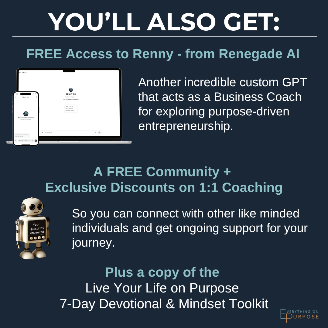 Promotional graphic for free access to Renny from Renegade AI, including a robot icon and text about community and coaching.