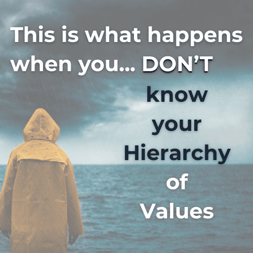 Person in a raincoat standing on a beach with text about hierarchy of values