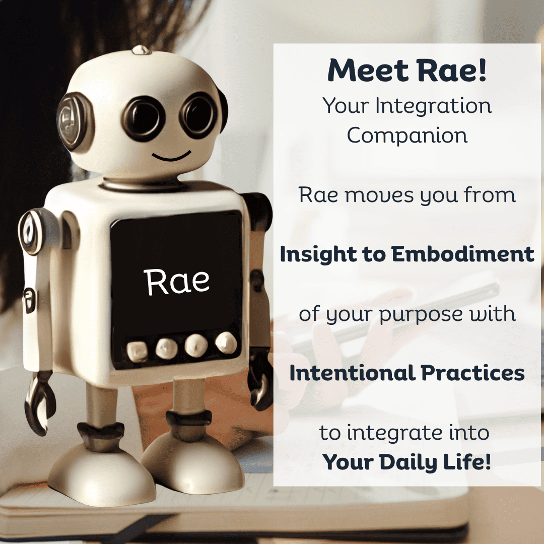 Toy robot named Rae with descriptive text about integration and mindfulness practices.