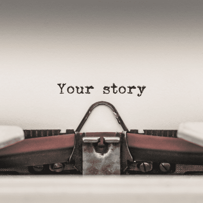 Vintage typewriter with 'Your story' text on a plain background