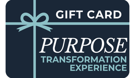 Gift card with 'Purpose Transformation Experience' text on a dark blue background