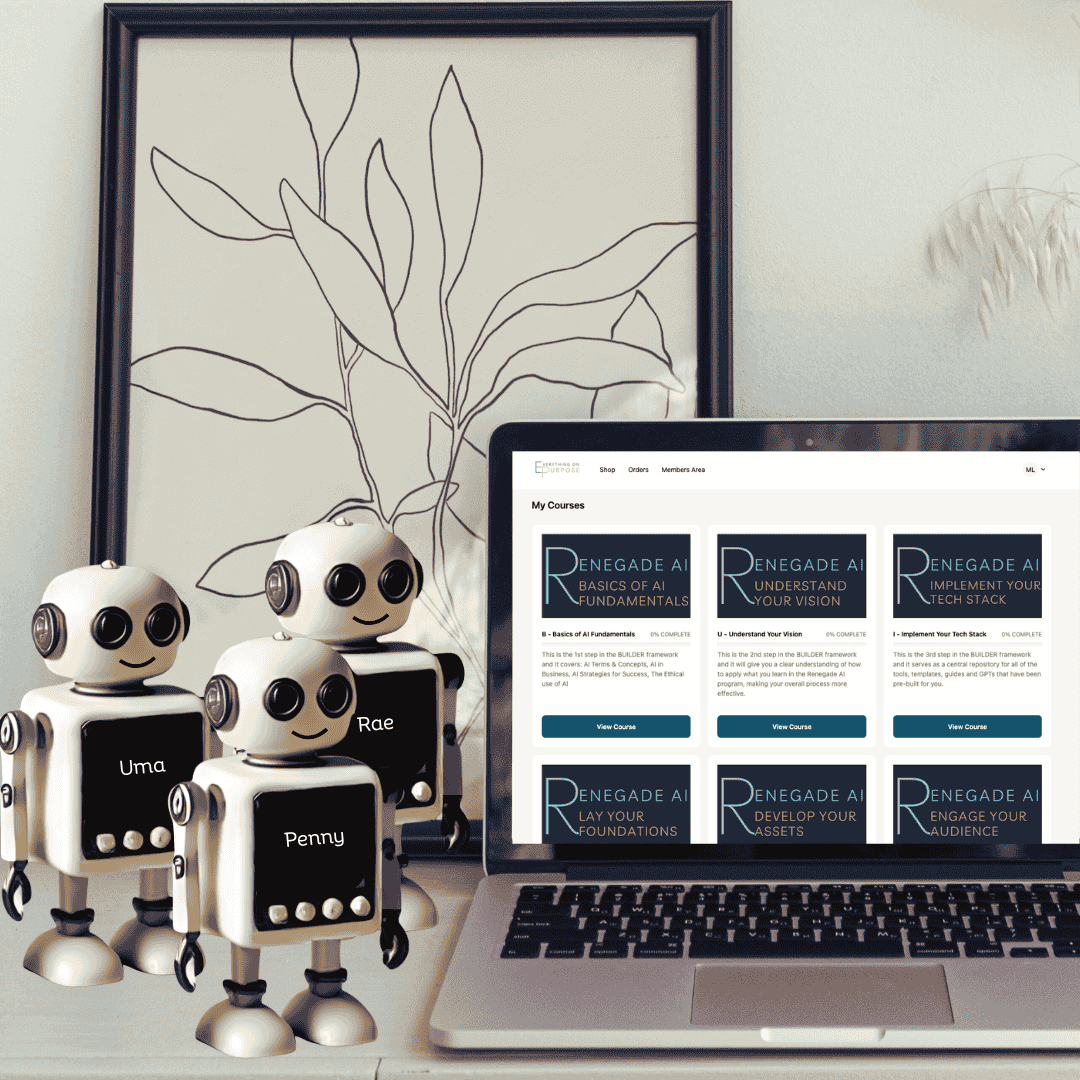 Three robot figurines in front of a laptop displaying the Renegade AI course modules