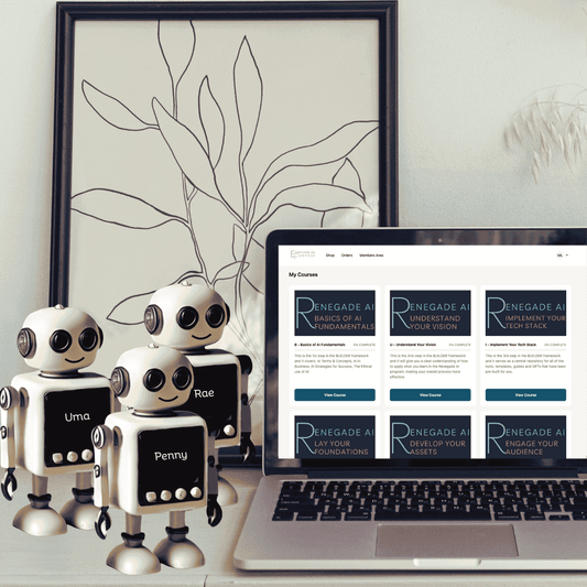 Three robot figurines in front of a laptop displaying the Renegade AI course modules