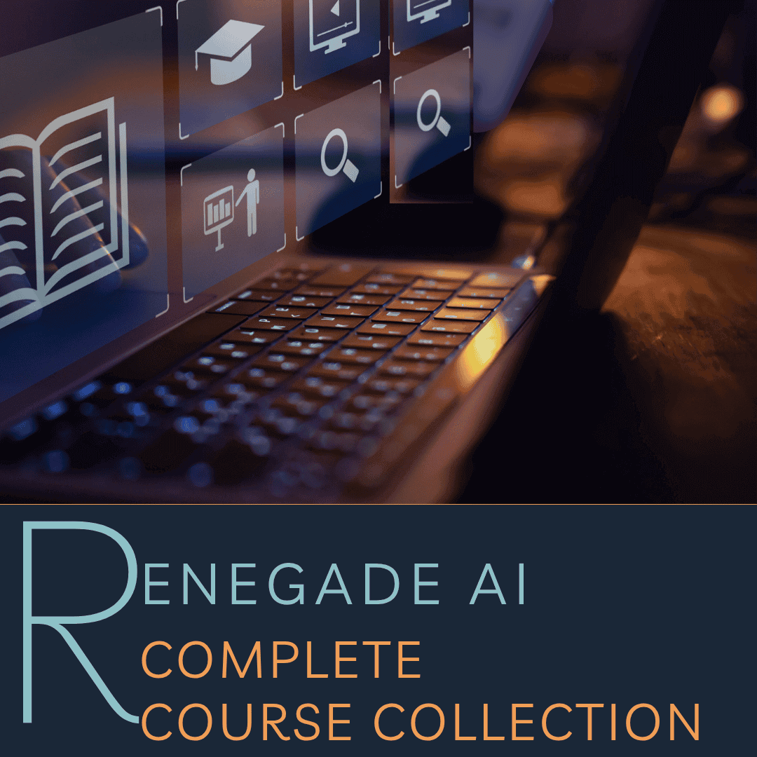 Laptop with educational icons on a blurred background, featuring 'Renegade AI Complete Course Collection' text.