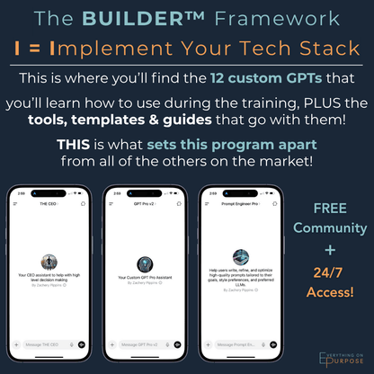 Description for 'Implement Your Tech Stack' from the Renegade AI Builder Framework with smartphone screens displaying different GPTs.