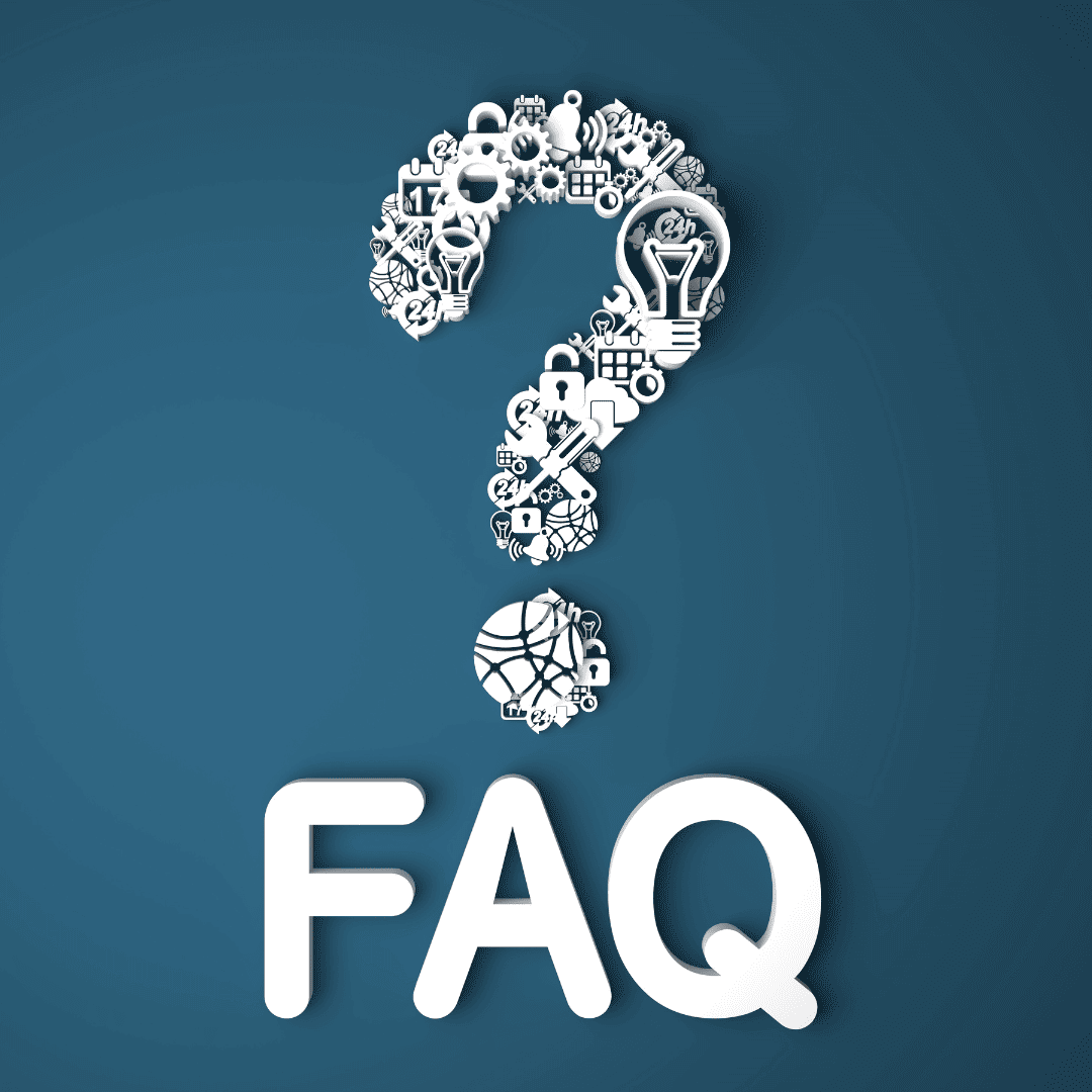 White question mark and 'FAQ' text on a blue background