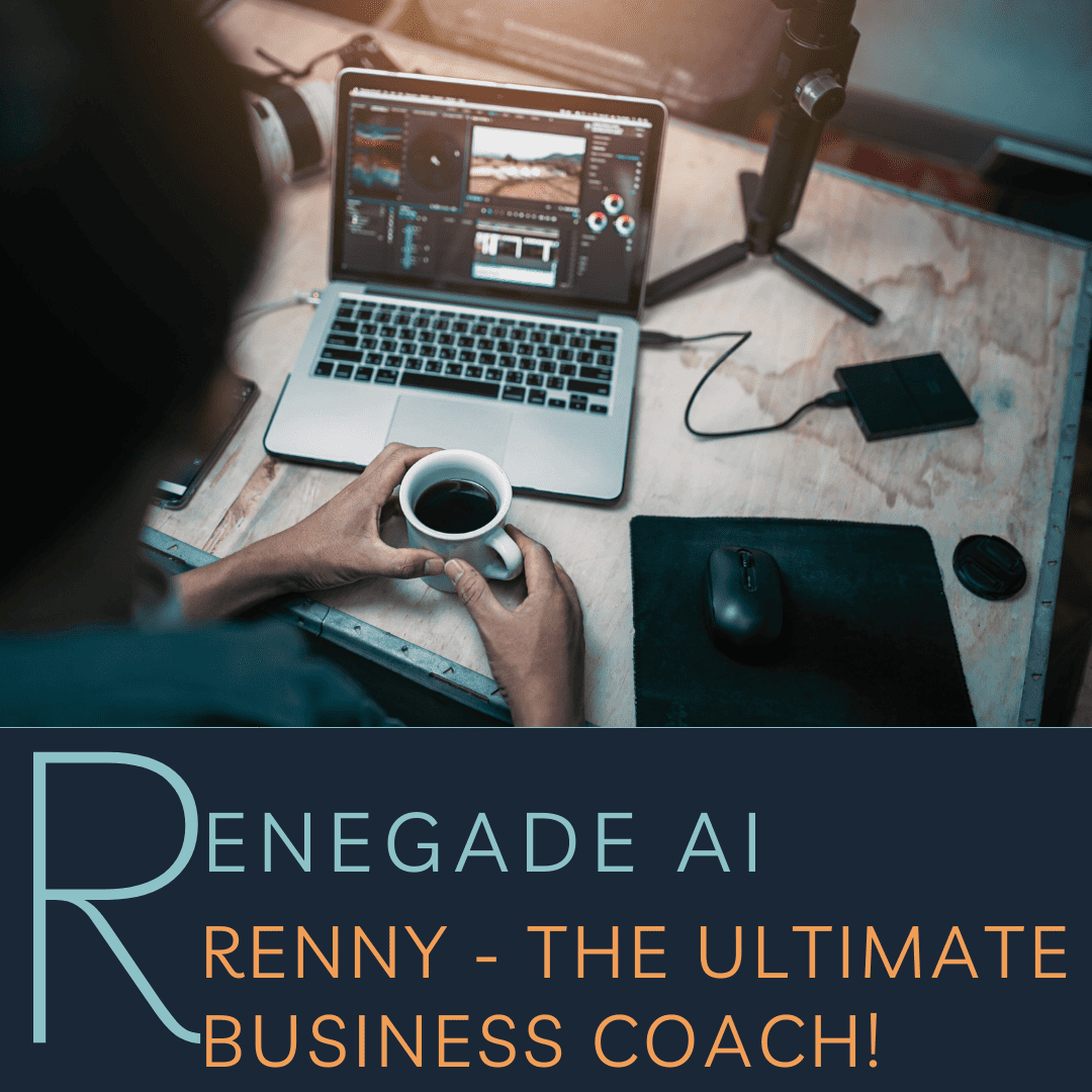 Person working at a desk with a laptop and coffee, featuring 'Renegade AI' text.