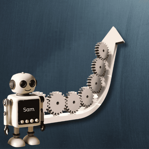 Robot named Sam with gears forming an upward arrow on a blue background