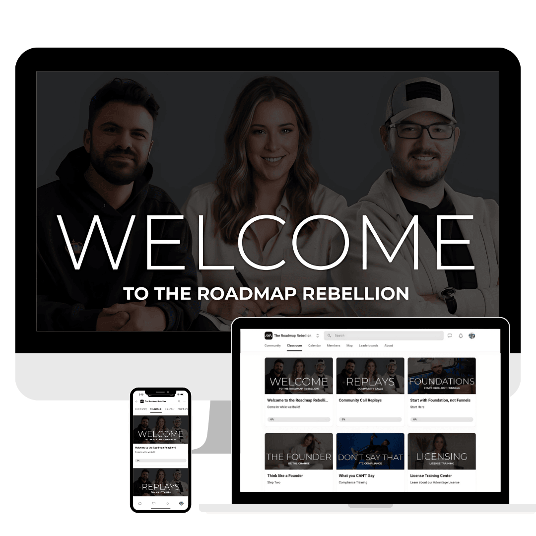 Computer monitor, smartphone, and tablet displaying 'Welcome to the Roadmap Rebellion' with three people on screen.