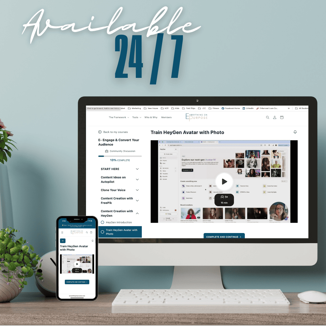 Computer monitor and smartphone displaying a website with 'Available 24/7' text on a light blue background.